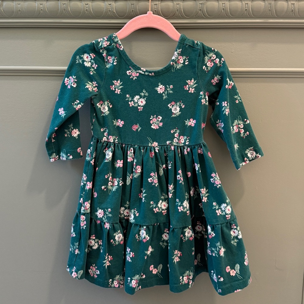 Janie and Jack Dark Green Floral Tiered Long-Sleeve Dress